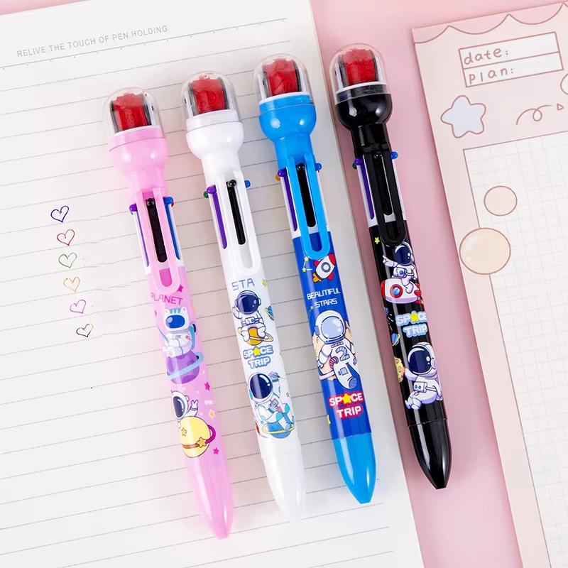1 Piece Cute Ballpoint Pen Press Cartoon Space Belt Seal Multicolor 6 In 1 Colors Stationery School Office Supplies