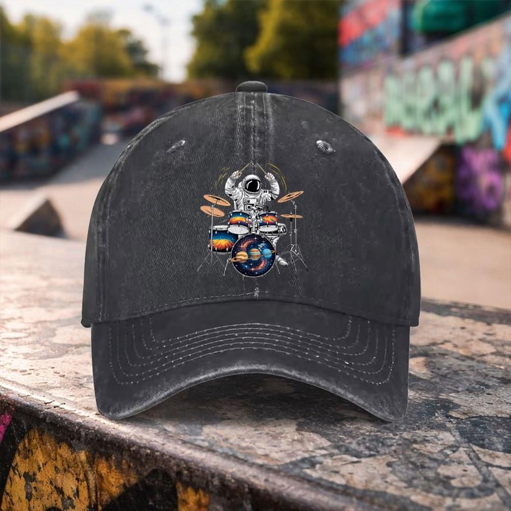 Astronaut Drummer Graphic Washed Baseball Cap Unisex Adjustable Cotton Outdoor Sports Hat