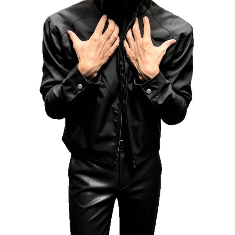 Wide shoulder, narrow waist stand up collar jacket for men and women, autumn and winter spliced motorcycle suit, simple and handsome jacket