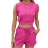 Summer Sleeveless Top Solid Color Crew Neck T-Shirt Drawstring Pocket Shorts Set