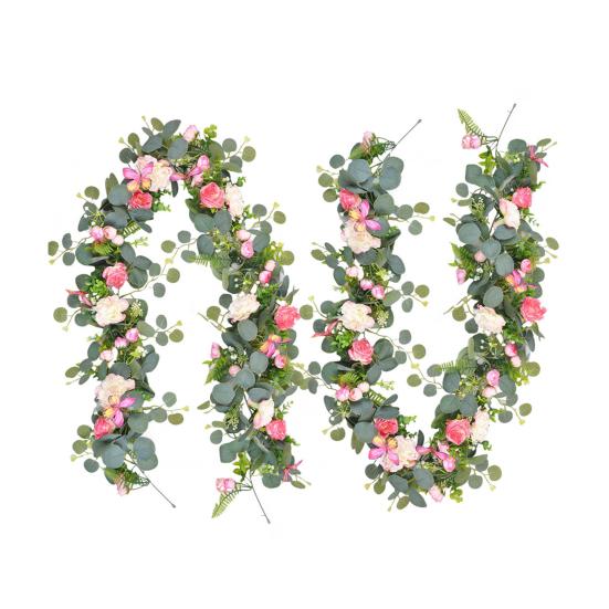 Artificial Eucalyptus Garland with Peony Flower Faux Floral Greenery Garland for Wedding Party Table Centerpiece Room Backdrop Decor