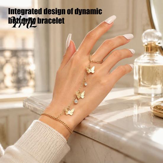 Integrated Bracelet Ring Golden Hand Chain for Women, Metal Butterfly Tassel Dainty Harness Jewelry with Finger Ring, Chic Accessory