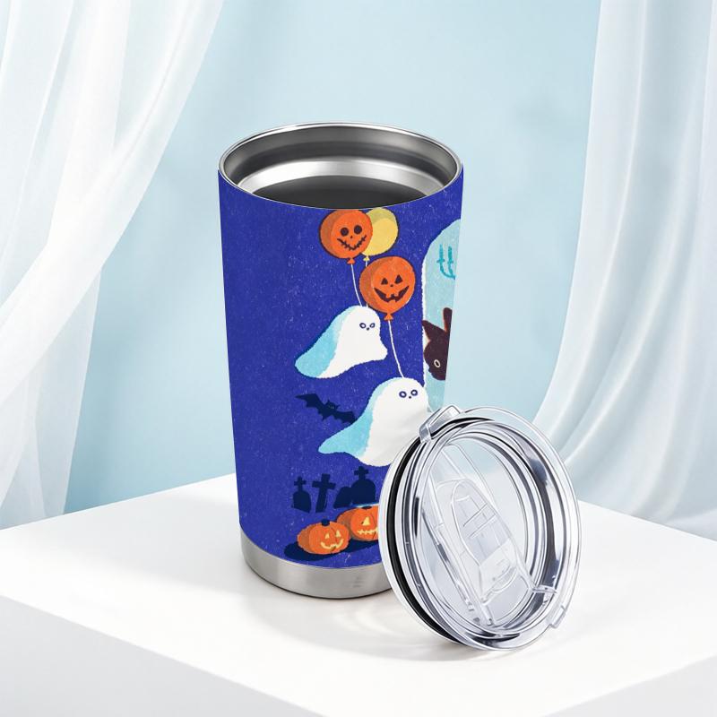 Car Tumbler 591ml Ghost Black Cat Element Straw Cup Insulated Travel Cup Metal Drink Mug Leakproof Tumbler Portable Tumbler