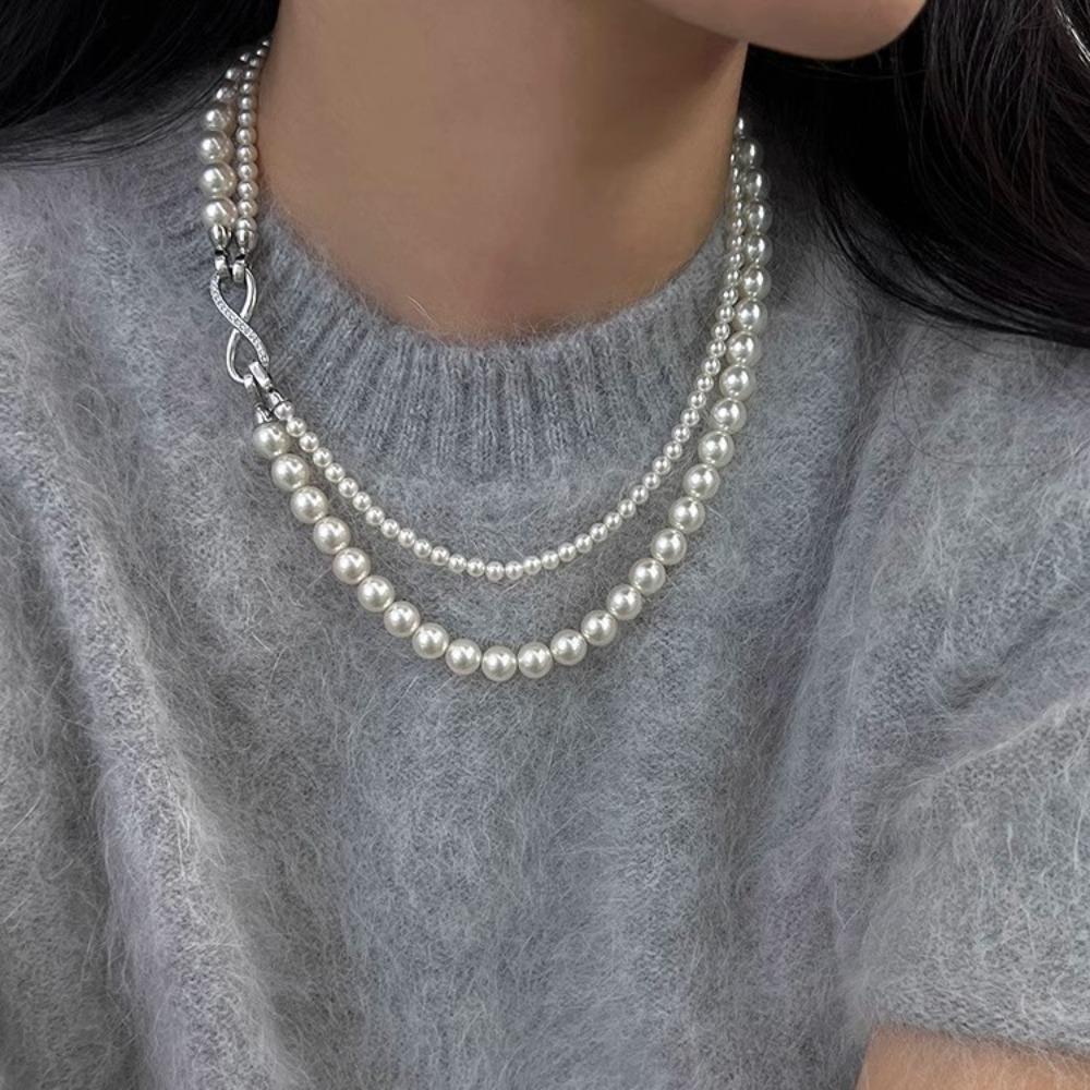 Korean Jewelry Pearl Necklace Double Layered Pearl Chain Choker Elegant Pearl Chain Beads Party