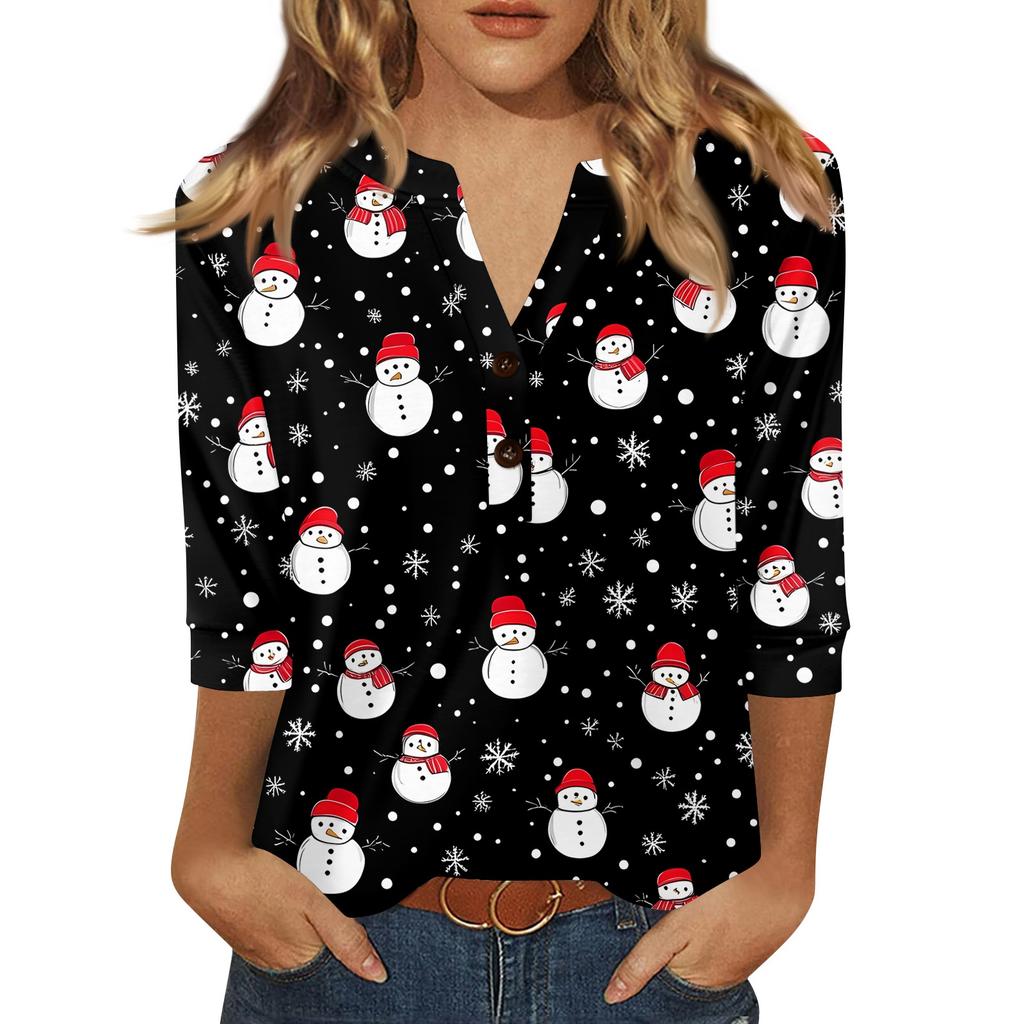 Женская футболка с рождественским принтом, на пуговицах, рукав 3/4, повседневная, выходного дня, модная, базовая, с V-образным вырезом, стандартный топ