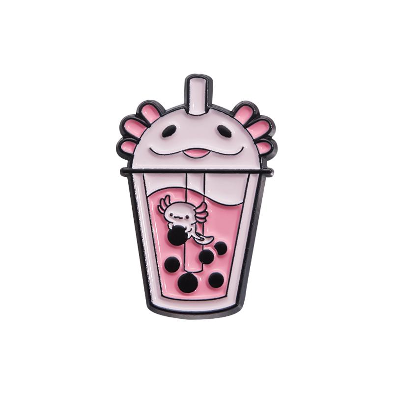 Cute Animal Milk Tea Enamel Pins Custom Salamander Capybara Frog Fox Brooches Lapel Badges Animal Jewelry Gift for Kids Friends