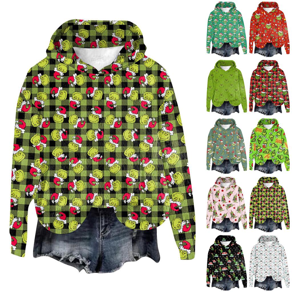 Women's Hooded Long Sleeve Christmas Printed Flannel Top Hooded Sweatshirt