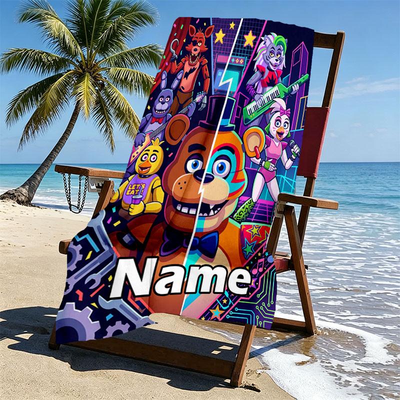 Custom Name Personalized Five Nights at Freddy's Print Beach Towel, for Trip Camping Beach Party Home Decor, Birthday Gift for Family & Friends