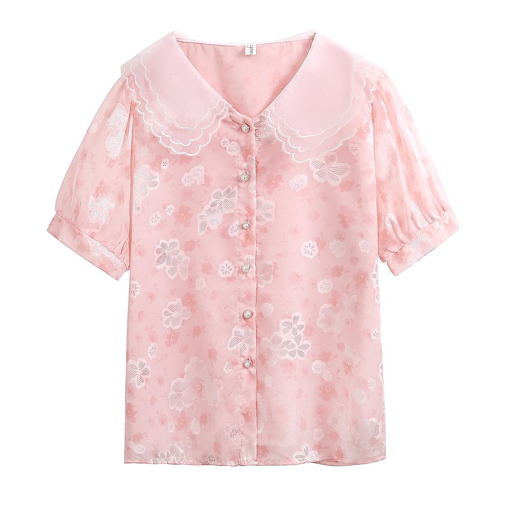 Модная новинка на лето с коротким рукавом и воротником-стойкой, повседневная шифоновая блузка с принтом, женская рубашка, топы J380