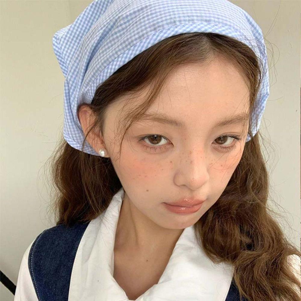 Blue Checkered Cloth Lace Hair Scarf Lattice Triangle Scarf Cute Triangle Bandana  Travel