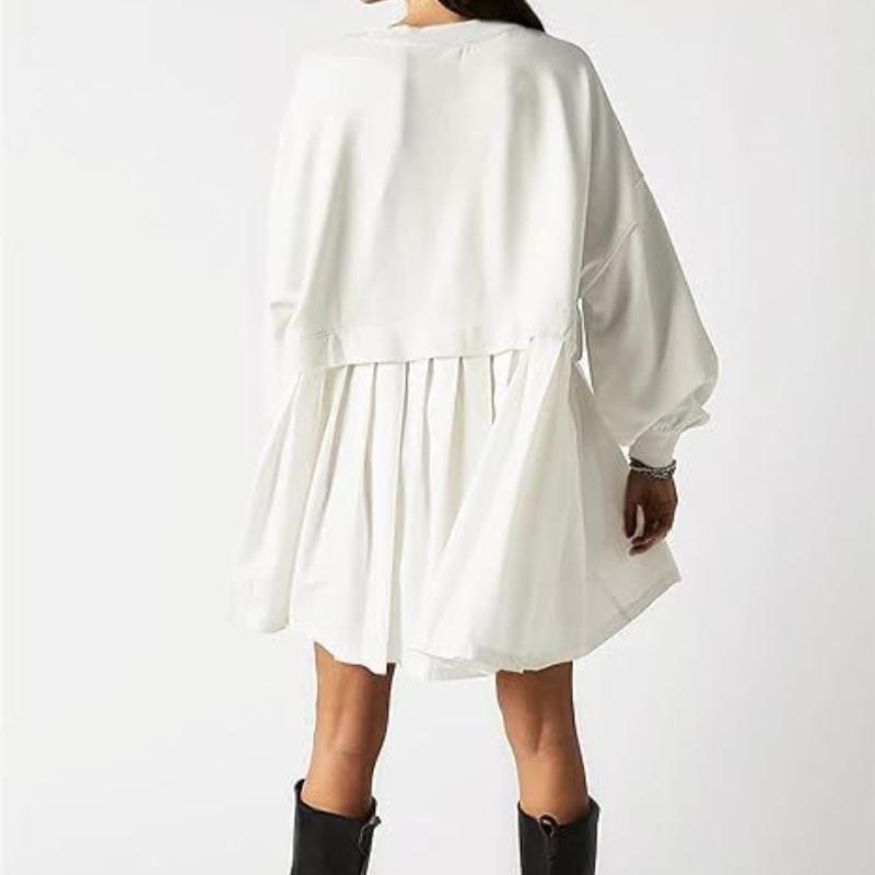 Осеннее новое свободное повседневное платье с длинным рукавом, женское элегантное лоскутное однотонное платье А-силуэта больших размеров, женское круглое шею, винтажное сексуальное короткое платье для вечеринки 25171