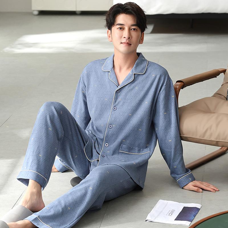 Пижама из ююбы мужская весенне-осенняя из чистого хлопка с длинным рукавом большого размера для полных на осень и зиму, комплект домашней одежды