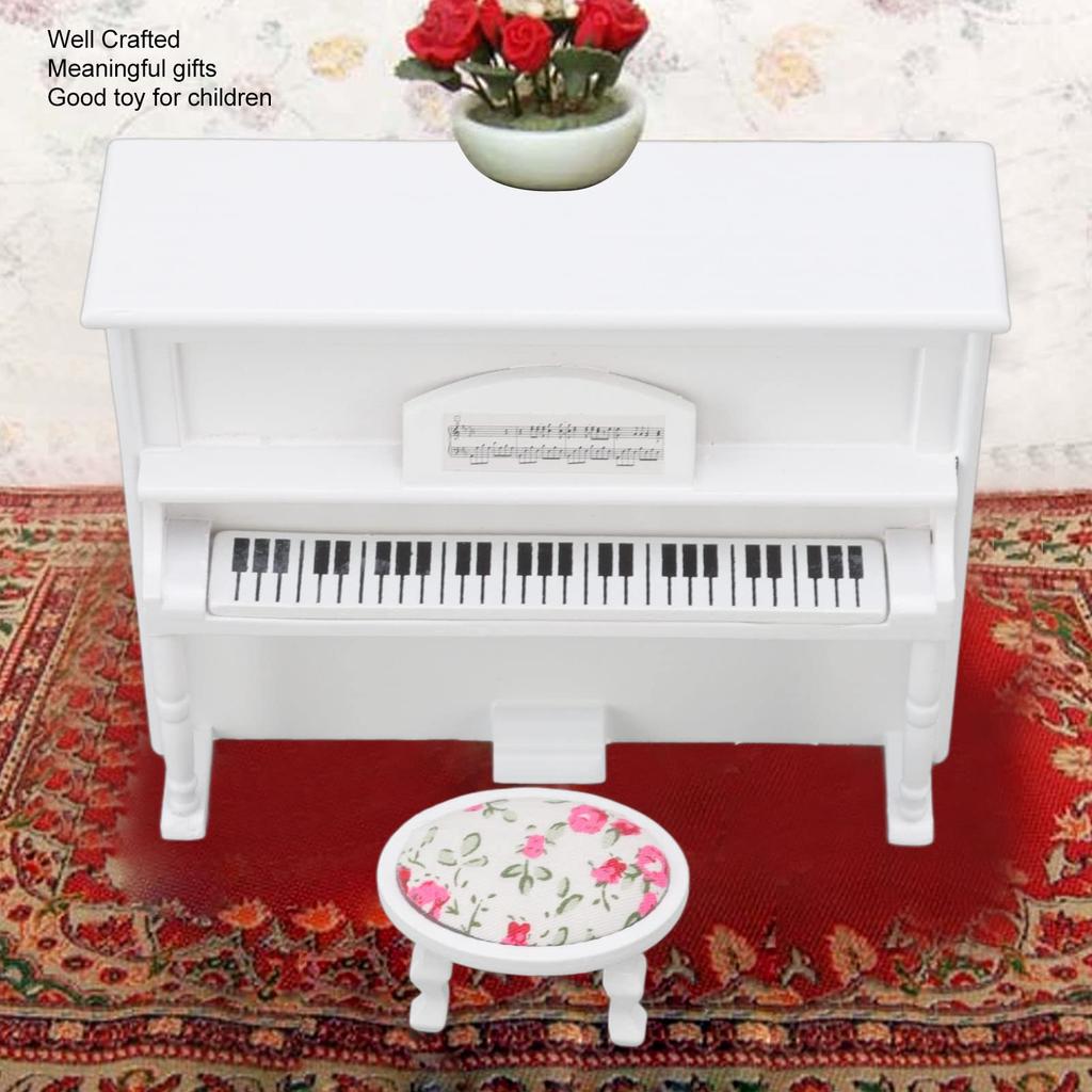 Кукольный рояль, 1:Деревянное миниатюрное пианино масштаба 12, Модель миниатюрного пианино со стулом, Музыкальная табуретка, Декоративные аксессуары, Имитация жизненной сцены, Гостиная