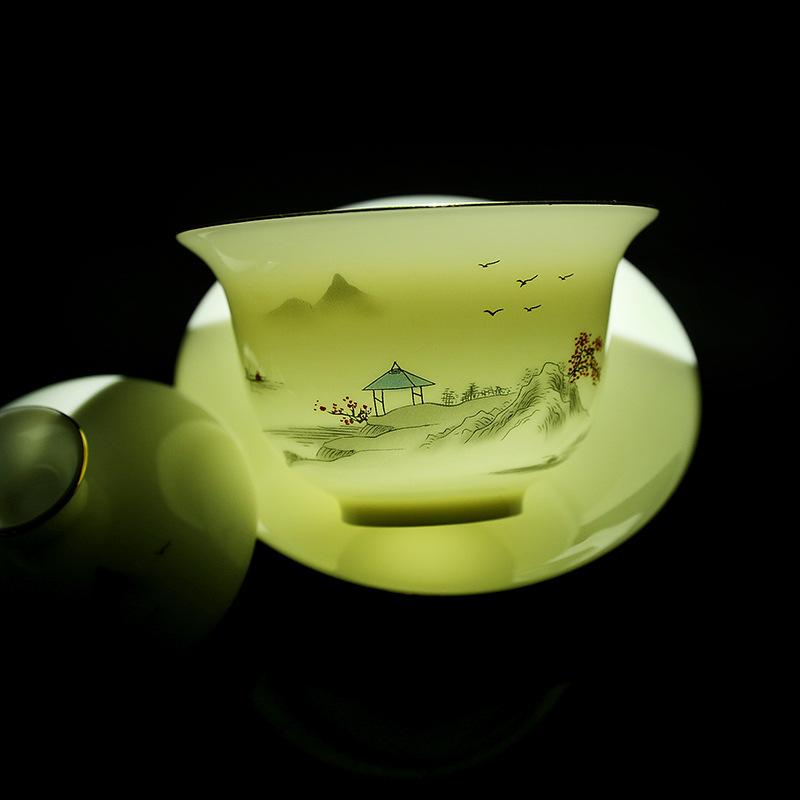 Ceramic white suet jade porcelain kung fu tea set for home use, business company event gifts, Guochao