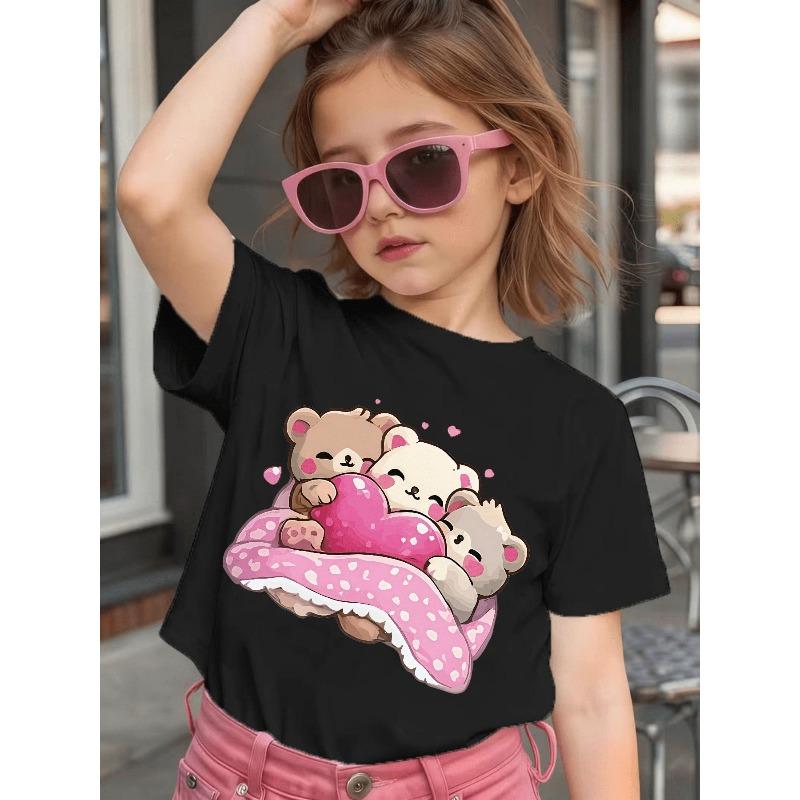 Girls Crewneck Summer T-Shirt, Cute Cartoon Bear With Pink Heart Polka Dot Print Short Sleeve Casual Top