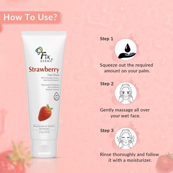 Fixderma Strawberry Face Wash с витамином Е и экстрактом клубники, | Очищающее средство для жирной кожи (Для всех типов кожи) | Средство для умывания для женщин и мужчин - 75 г