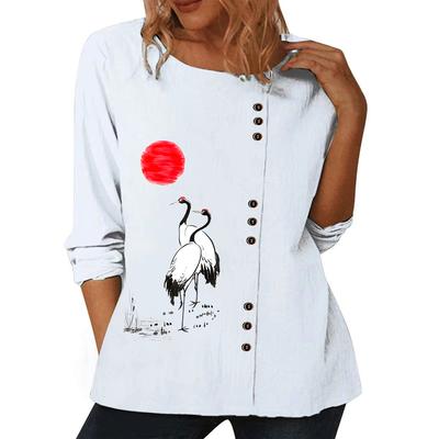 Модный женский хлопковый топ с разнообразным принтом, круглым вырезом и длинными рукавами