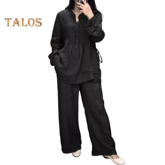 2 Pcs/Set Women Top Pants Suit Round Neck Half Single-breasted Long Sleeves Loose Blouse Wide Leg Pure Color Trousers Casual Pantsuit Sport Clothes