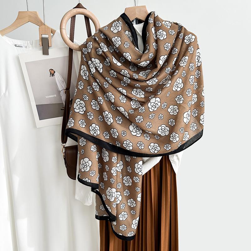 New Camellia Black and White Silk Scarf Cotton and Linen Feel Scarf Autumn and Winter Warm Fashion Shawl Scarf