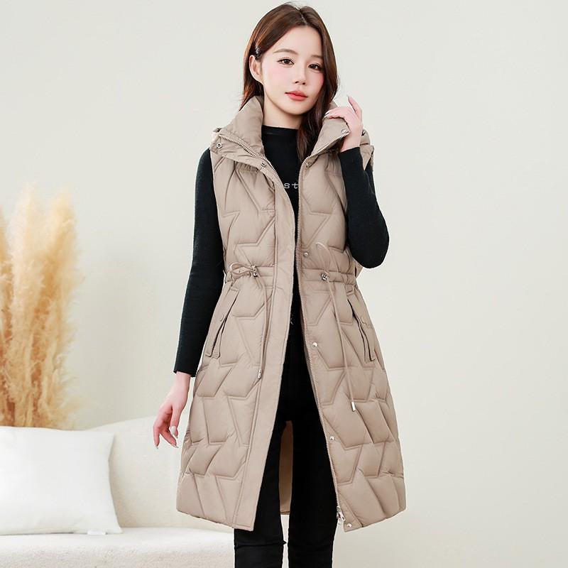Womens Hooded Quilted Vest Mid-Length Warm Puffer Sleeveless Coat Casual Lightweight Cotton-Padded Outerwear