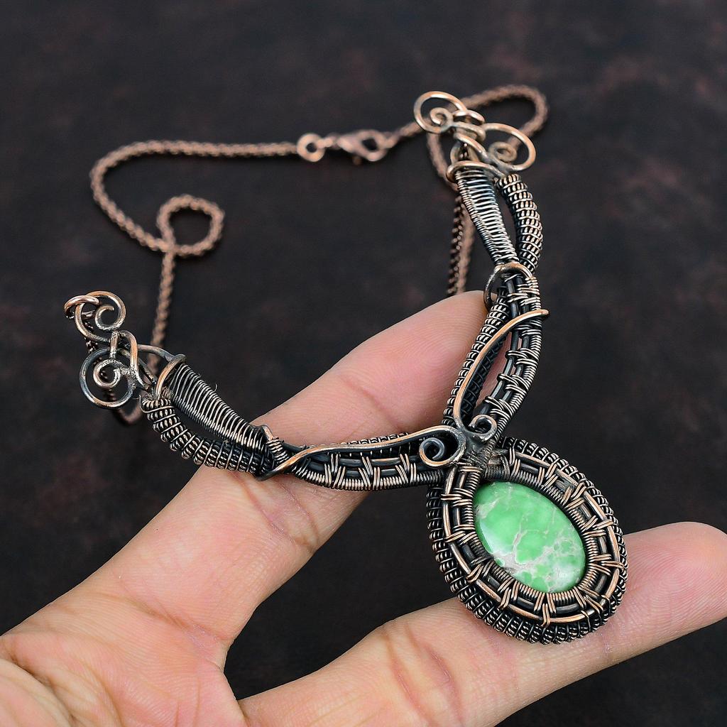 Ожерелье из варисцита, обернутое медной проволокой, ожерелье из натуральных драгоценных камней, уникальное ожерелье ручной работы, медные украшения из варисцита, подарки на годовщину