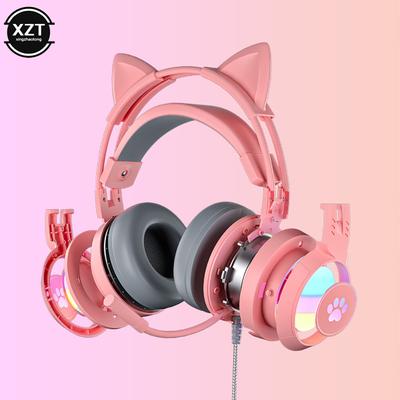 Светящиеся игровые наушники с кошачьими ушками для ПК, компьютерные игровые гарнитуры с микрофоном, шумоподавлением, проводной USB 3,5 мм для Ps4/xbox One