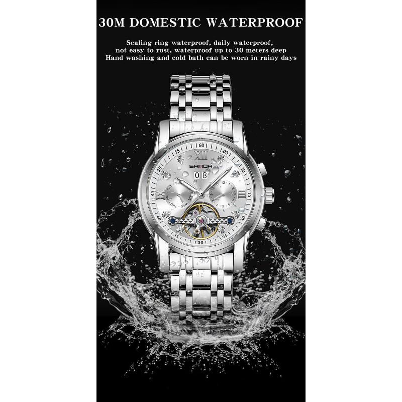 SANDA Новый продукт, мужские автоматические механические часы со стальным ремешком, кварцевые модные полые мужские часы