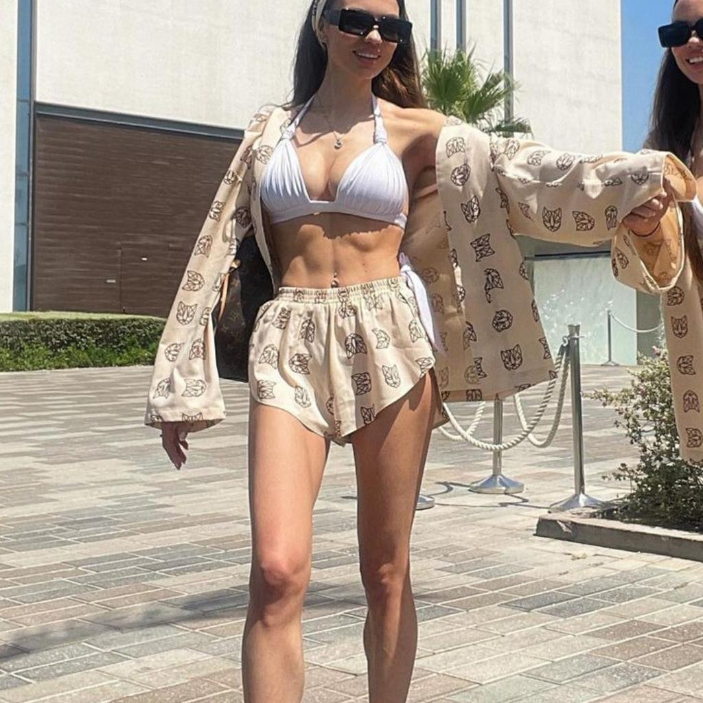 BITCED Loose Long Sleeve Women's Print Casual Commuter Lace-up Pajamas High-waisted Shorts Set