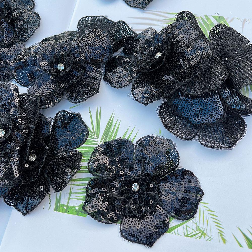 2Pcs Black White 3D Beaded Lace Patches Sequins Flower Clothing Patch Decoration Applique