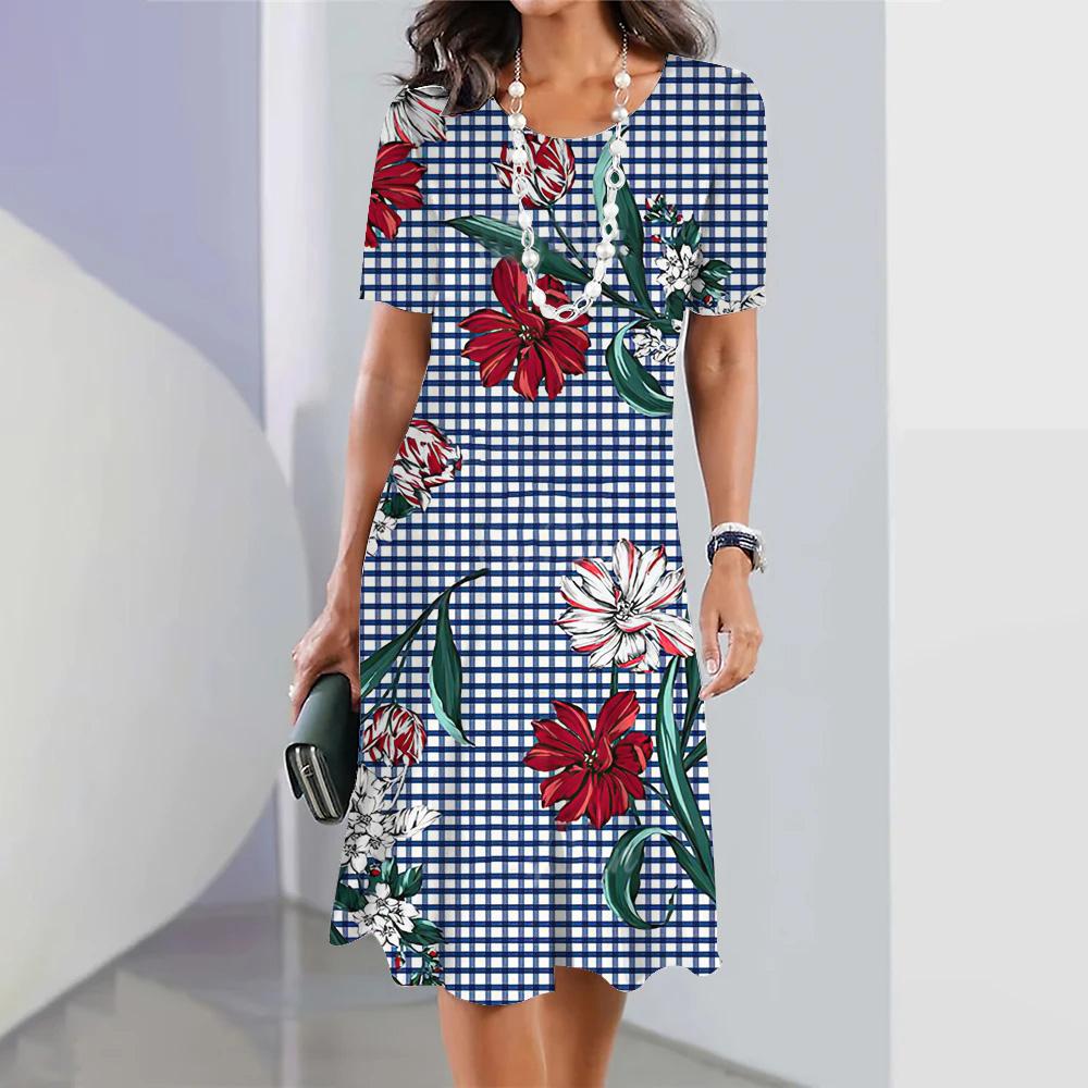 Женское модное платье с цветочным принтом, летнее ретро-платье с круглым вырезом, повседневное платье А-силуэта, свободное женское платье с коротким рукавом