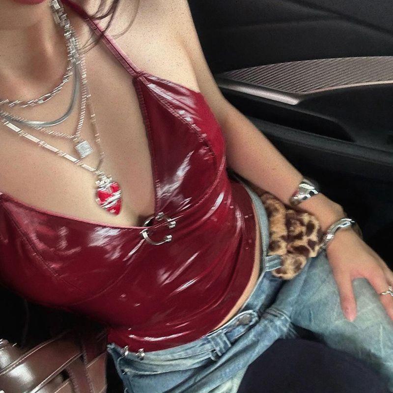 High Street Sexy Babes Chic Beauty Back Camisoles American Style PU Glossy Backless Cropped Trim Tops Fashion V-neck Red Vest