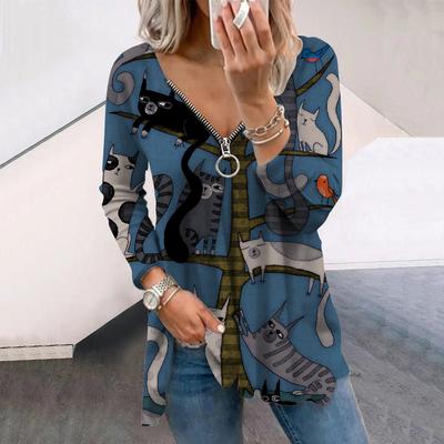 Женские футболки с длинным рукавом и принтом осеннего дерева и мультяшного кота, свободные футболки больших размеров с V-образным вырезом, удобные блузки