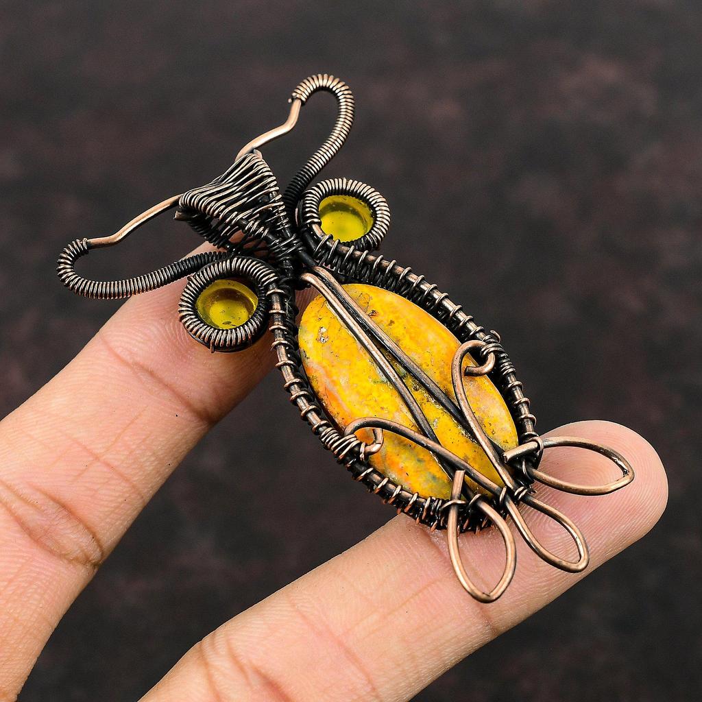 Подвеска из яшмы шмеля, медная проволока, обернутая драгоценным камнем, желтая подвеска от сглаза, ручная работа, подвеска в виде совы, медные украшения для подарка