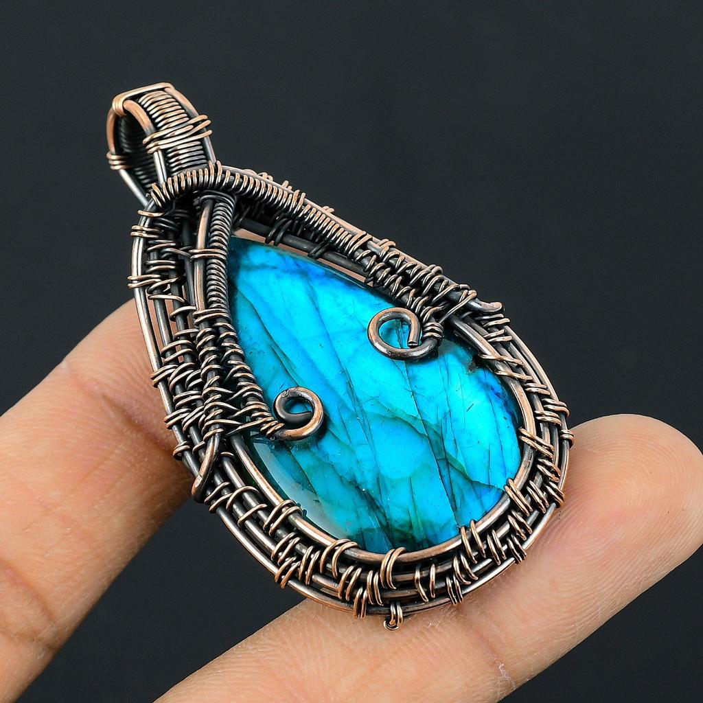 Labradorite Pendant, Handmade Gemstone 999 Copper Wire Wrapped Pendant Antique Jewelry, For Gift Silver Jewelry