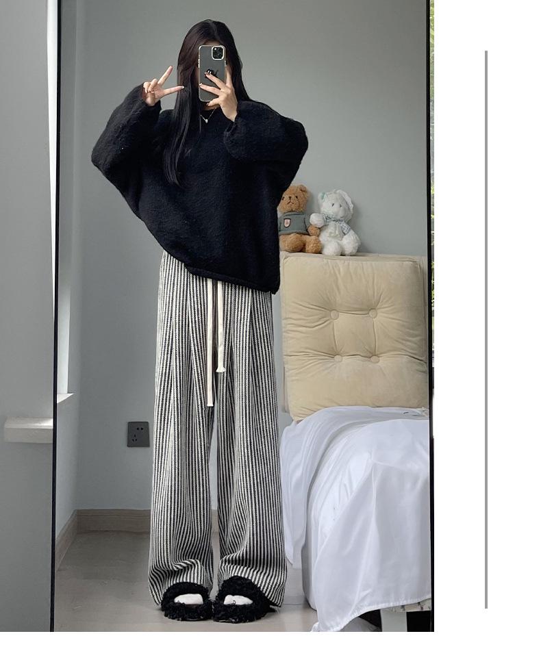 High-Quality Women's Retro Striped Wool Pants - Autumn/Winter Casual High-Waisted Slimming Straight-Leg with Wide-Leg Drape