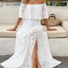 Women Summer Casual Flat Shoulder White Hollow Embrioderied Lace High Split One Piece Dress
