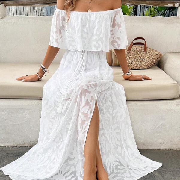 Женское летнее повседневное белое платье с открытыми плечами и вышитым кружевом с высоким разрезом