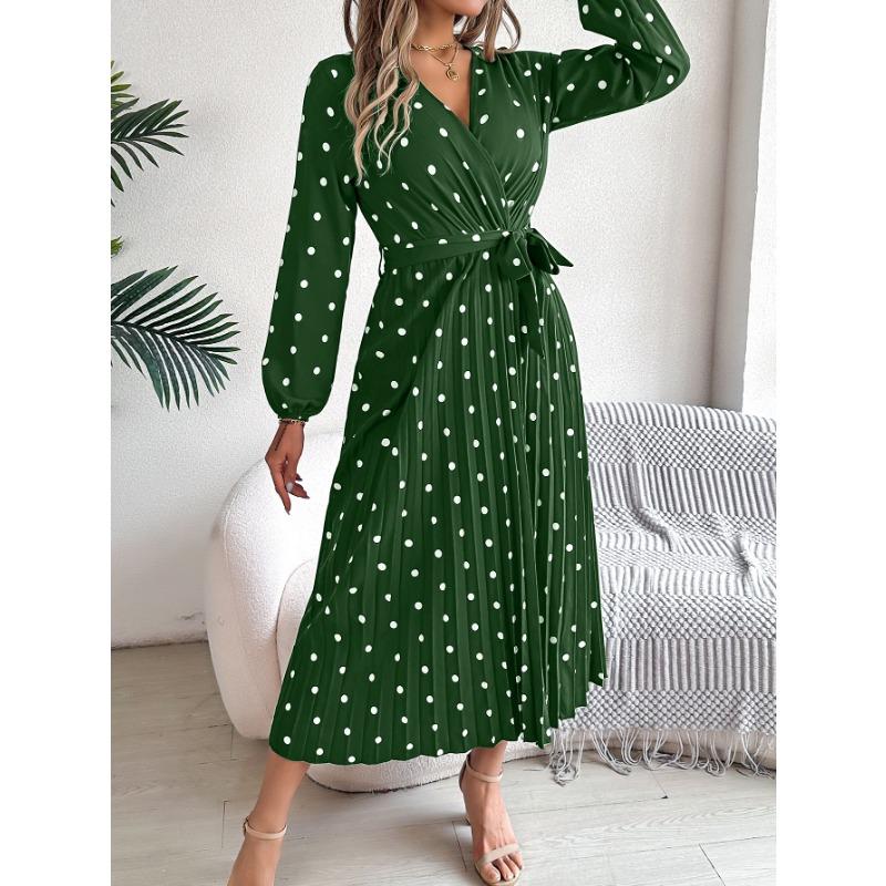 VEZFAA Women's Fashion Spring Fall Polka Dot Print Long Sleeve V-Neck High Waist Casual Dresses