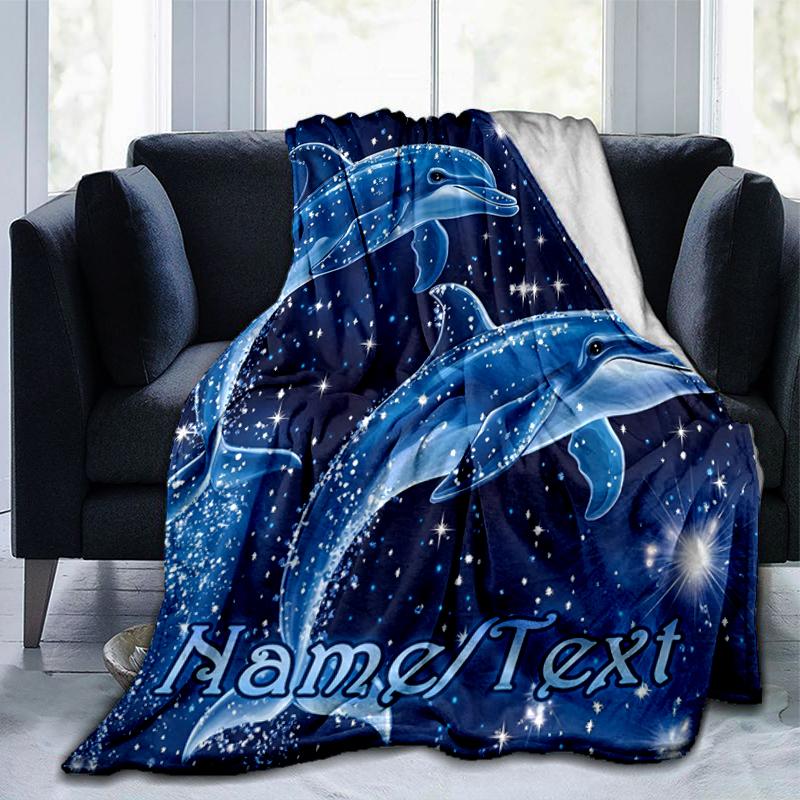 1PC Custom Name Dolphins Starry Night flannel blanket versatile,all-season throw suitable for the living room,bedroom,camping,travel,and gift