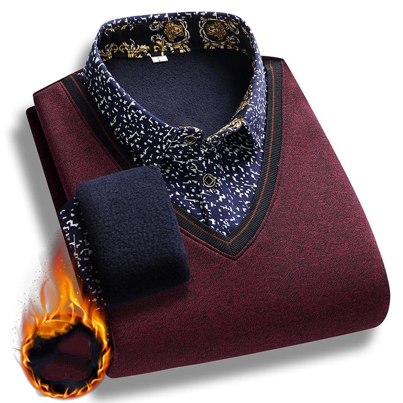 Мужской плюшевый свитер осень-зима, имитация двухсекционного пуловера с воротником-поло, флисовый толстый теплый вязаный свитер, повседневные джемперы