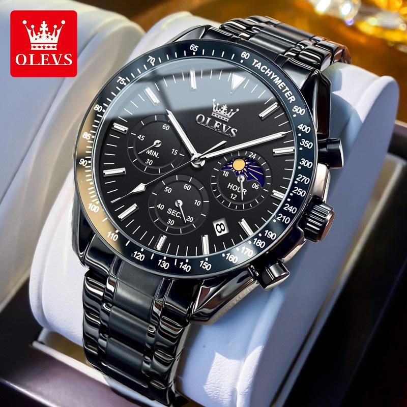 OLEVS 3618 Новые Модные Кварцевые Часы Светло-Голубого Цвета Мужские Нержавеющая Сталь Водонепроницаемые Люминесцентные Дата Фаза Луны Хронограф Мужские Часы