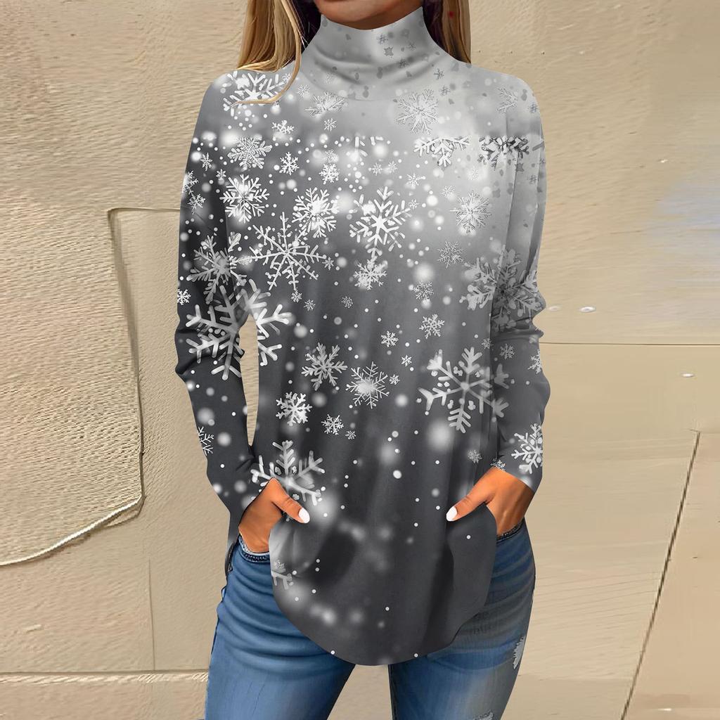 Женская модная повседневная футболка с длинным рукавом с высоким воротом и принтом, пуловер, топ