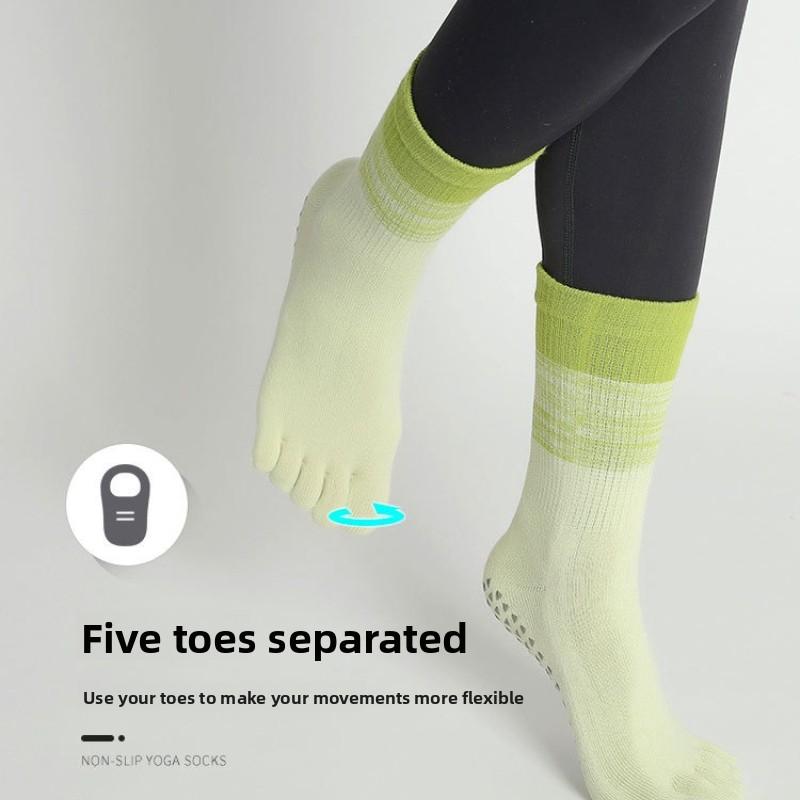 Новые градиентные пятипалые носки средней длины для йоги, женские хлопковые носки, пилатес, фитнес, танцы, профессиональные, с силиконовой противоскользящей подошвой