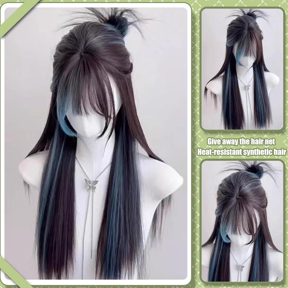 WTB Синие пряди Длинный прямой синтетический парик Женский Длинные волосы Коричневый Черный пряди Синий Пушистый Регулируемый Длинный прямой парик