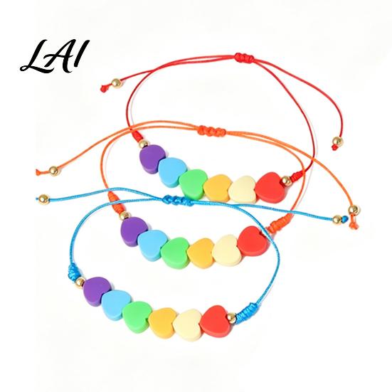 Adjustable Heart Bracelet Colorful Hearts Bracelet Handmade Braided Cord String Boho Style Woven Shaped Clay Beads Jewelry for Women Girls