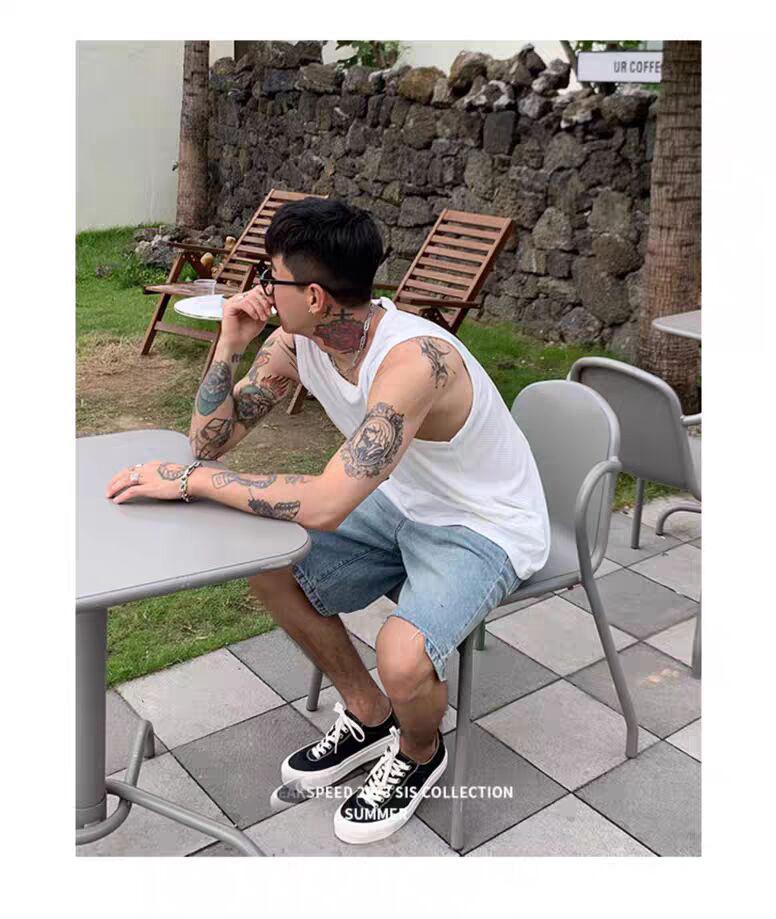 Мужская американская баскетбольная майка из ледяного шелка - U-образный вырез, без рукавов, свободный крой, рубчатая майка