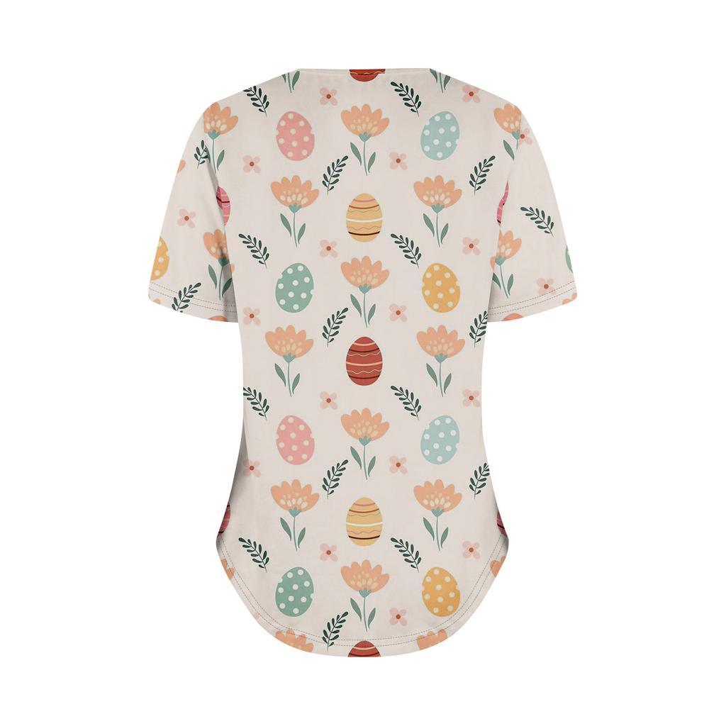 Ladies' Fashionable Printed Round Neck Pleated Short Sleeved Shirt