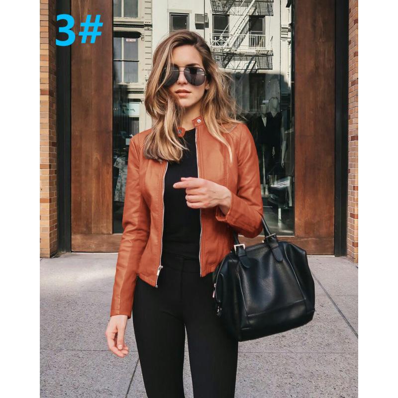 Однотонная женская байкерская куртка из искусственной кожи с длинным рукавом и воротником-стойкой на молнии