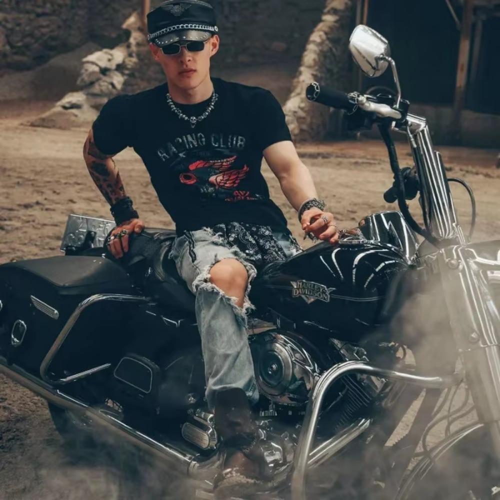 Top Motorcycle Streetwear Print T Shirt For Men Goth Grunge Man Tee Shirts Anime Clothing Quick-drying Chic Korean Style Loose