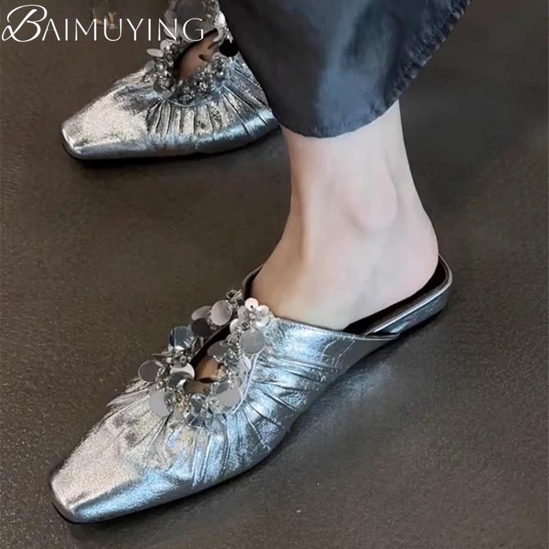 Модные женские туфли-мюли, блестящие балетки, шлепанцы с квадратным носком, элегантные новинки 2025, летние сандалии, вечерние туфли для платья, роскошные женские туфли-слингбэки Mujer